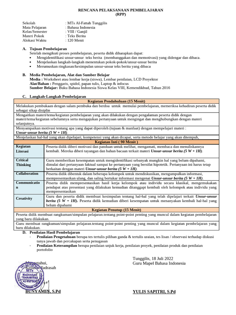 RPP Teks Berita Kelas VIII MTs Al-Fattah | PDF