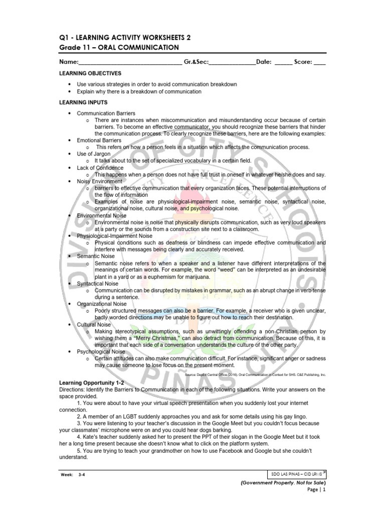 Grade 11 Oral Communication Barriers | PDF | Communication | Nonverbal ...