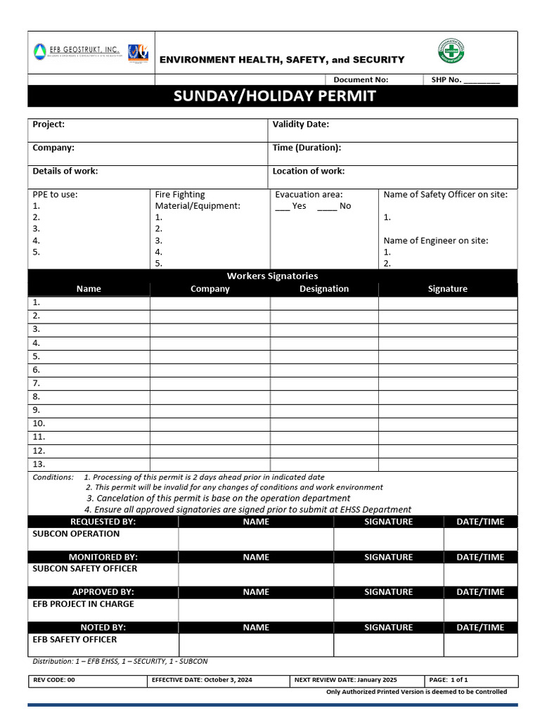 Sunday/Holiday Safety Permit Template | PDF