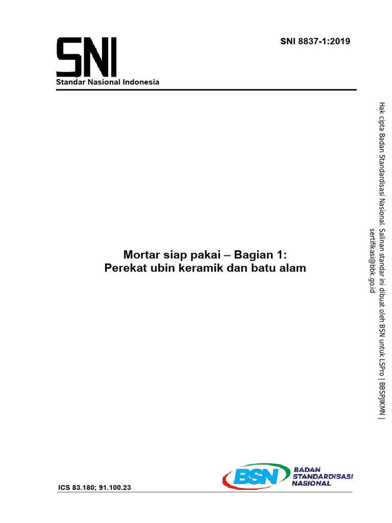 SNI 8837-1:2019 Mortar Perekat Ubin | PDF