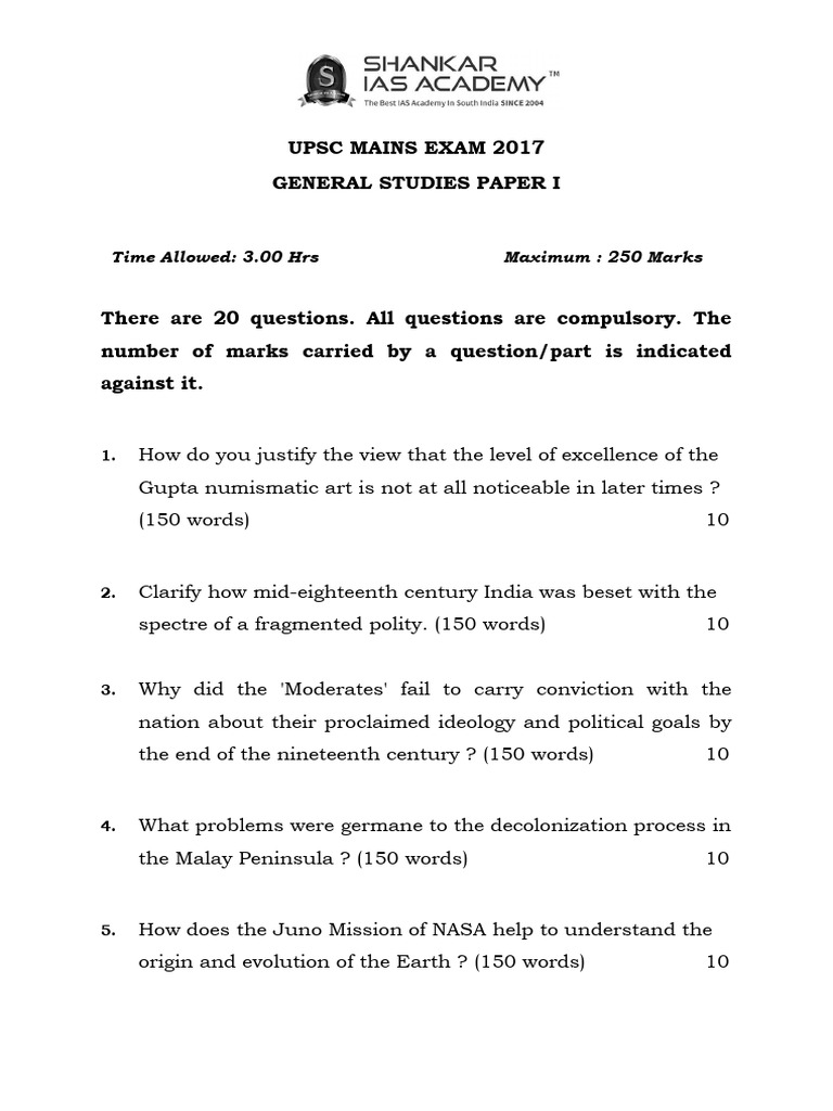 UPSC Mains GS Paper 1 2017 Questions | PDF | Natural Environment ...