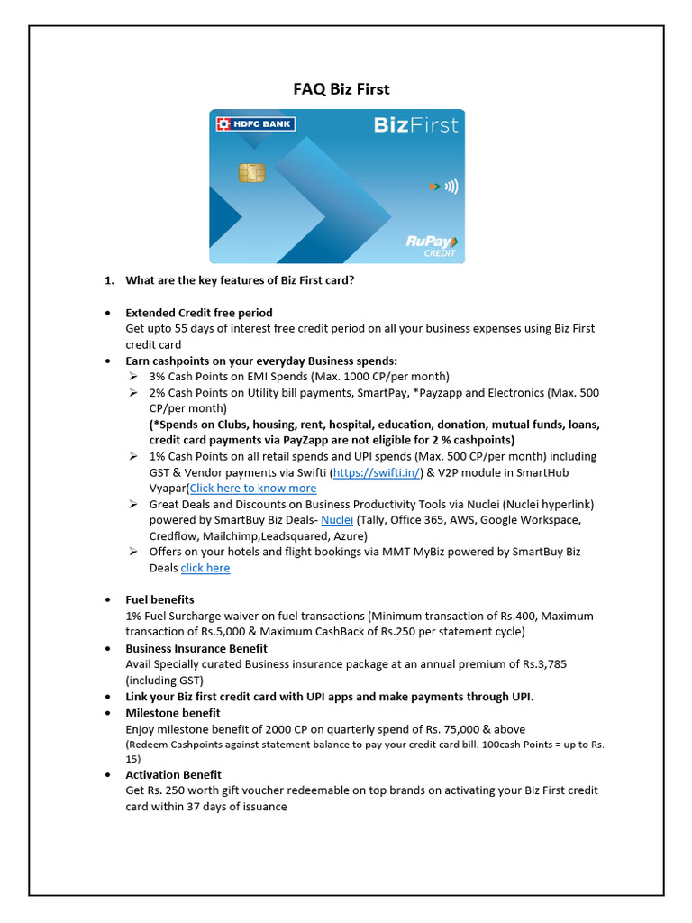 HDFC Biz First Credit Card Benefits | PDF | Credit Card | Automated ...