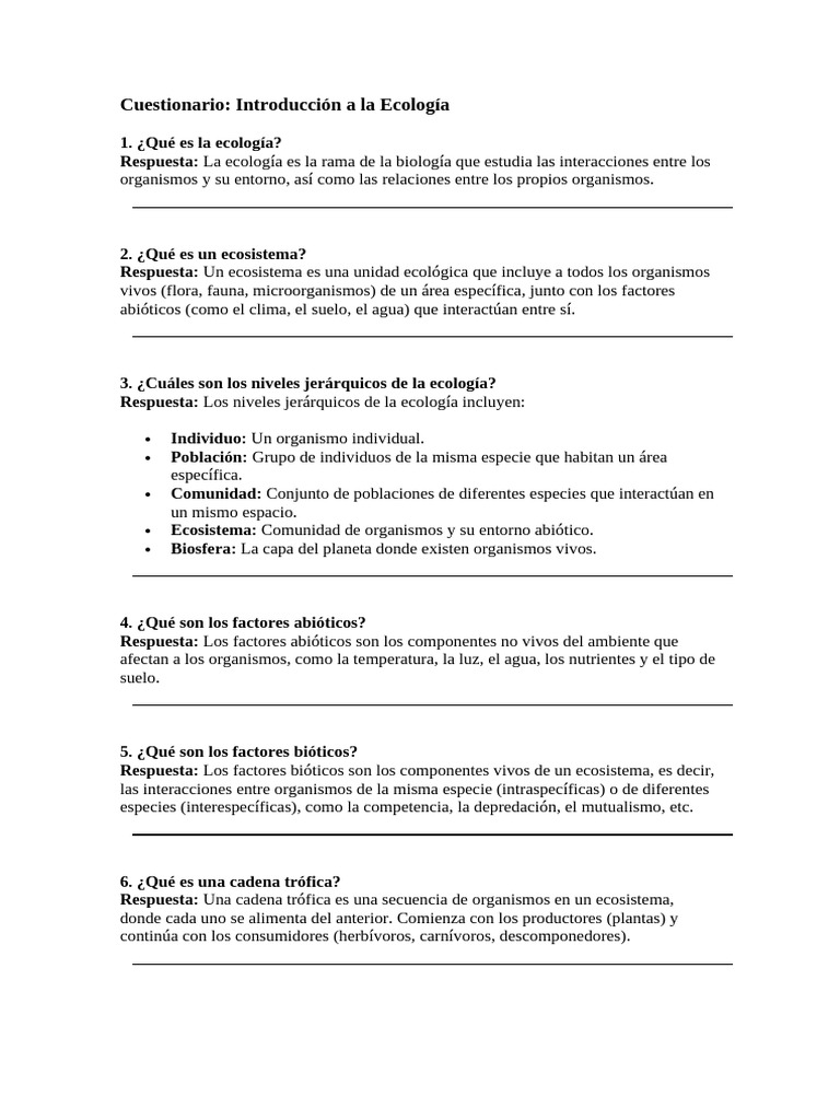 Cuestionario sobre Ecología y Ecosistemas | PDF | Ecología | Ecosistema