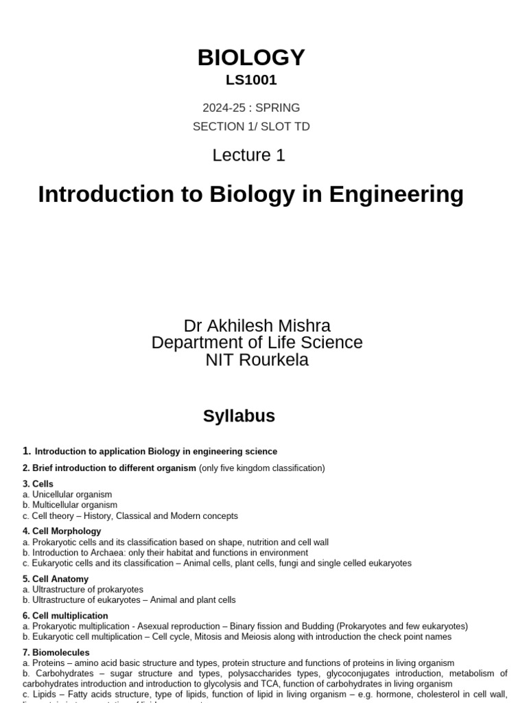 Biology Lecture 1 | PDF | Cell (Biology) | Eukaryotes