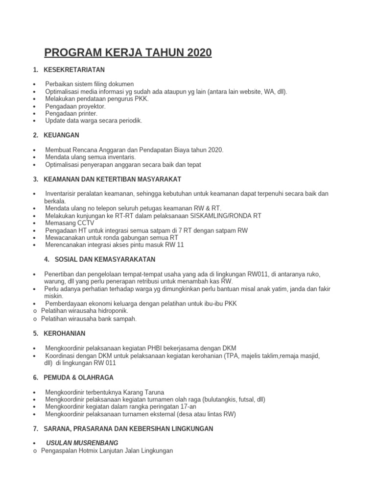 Program Kerja RW 037 Karawang 2020 | PDF