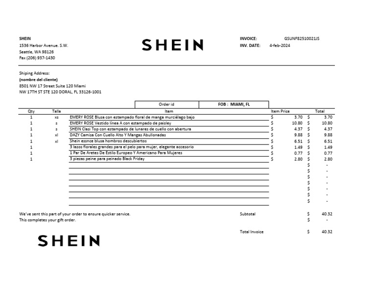 Shein Invoice: Inv. Date:: We've Sent This Part of Your Order To Ensure ...