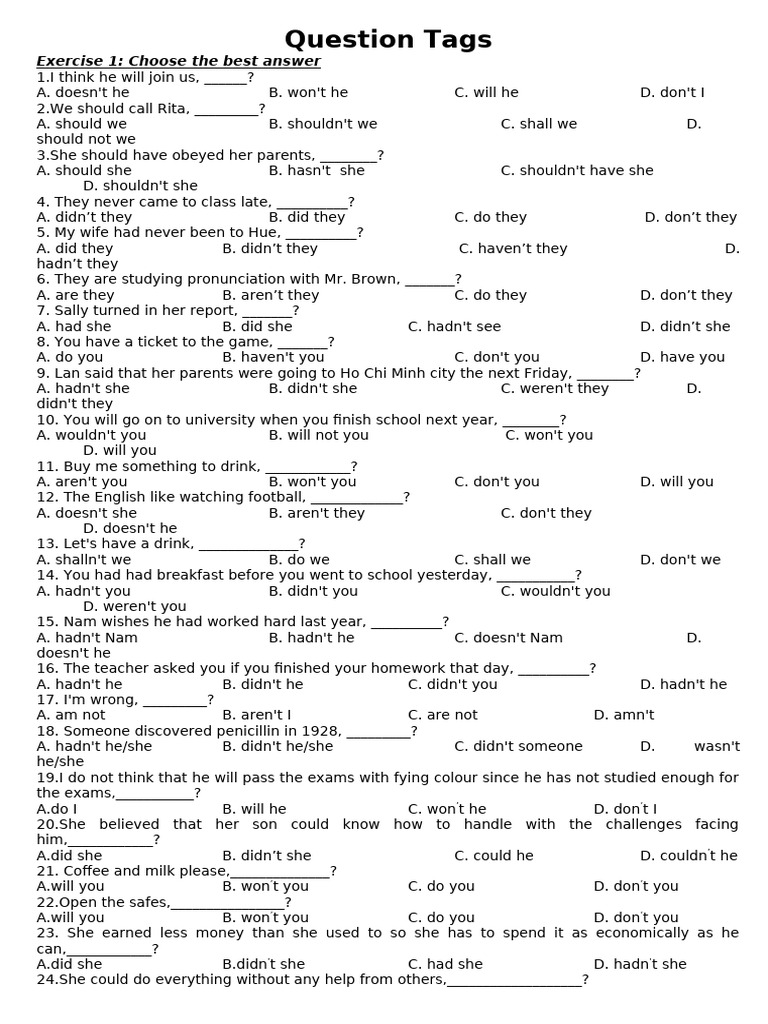 Question Tags Exercises and Answers | PDF | Linguistics
