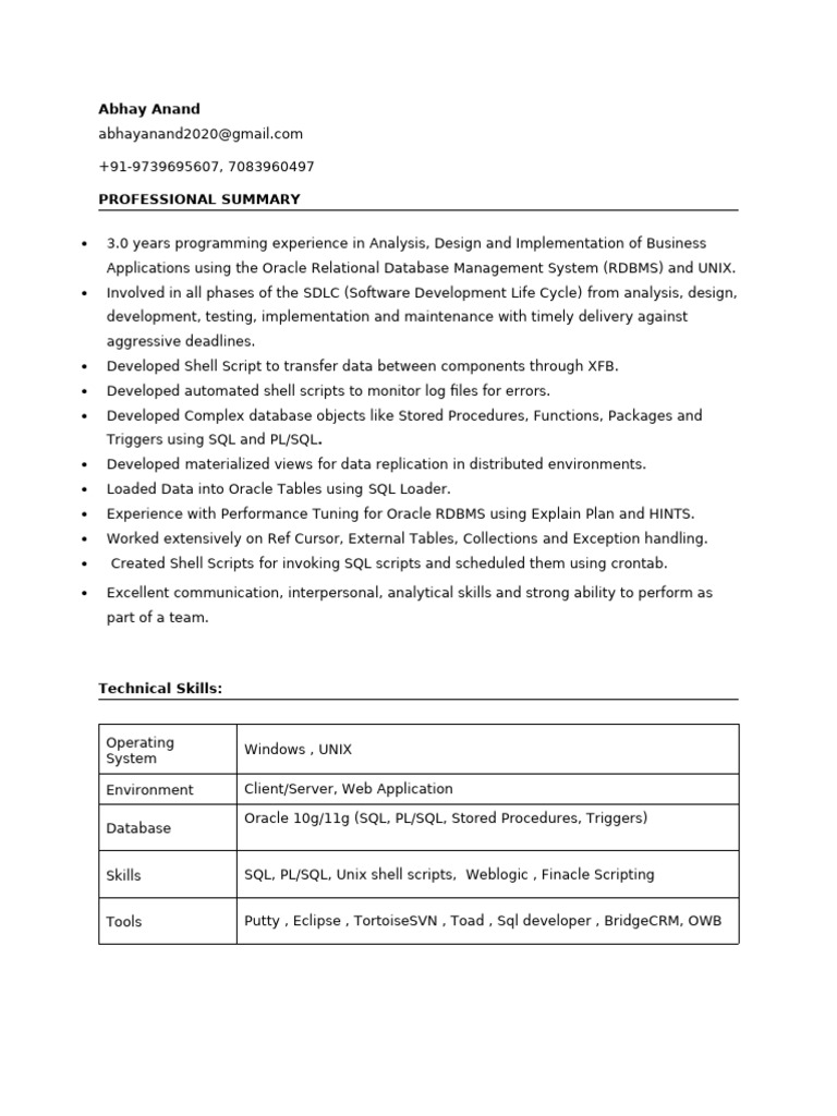 Oracle PL/SQL Developer Resume | PDF | Pl/Sql | Sql