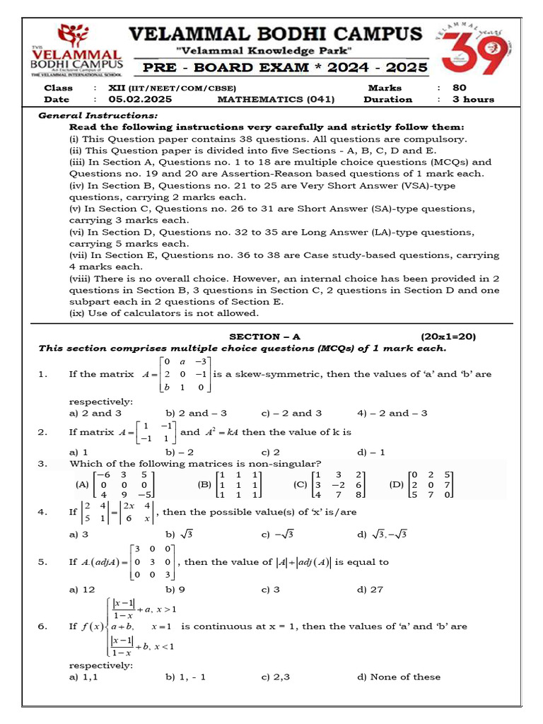 Class 12 Maths Board Paper 2025 | PDF | Sphere | Linear Map