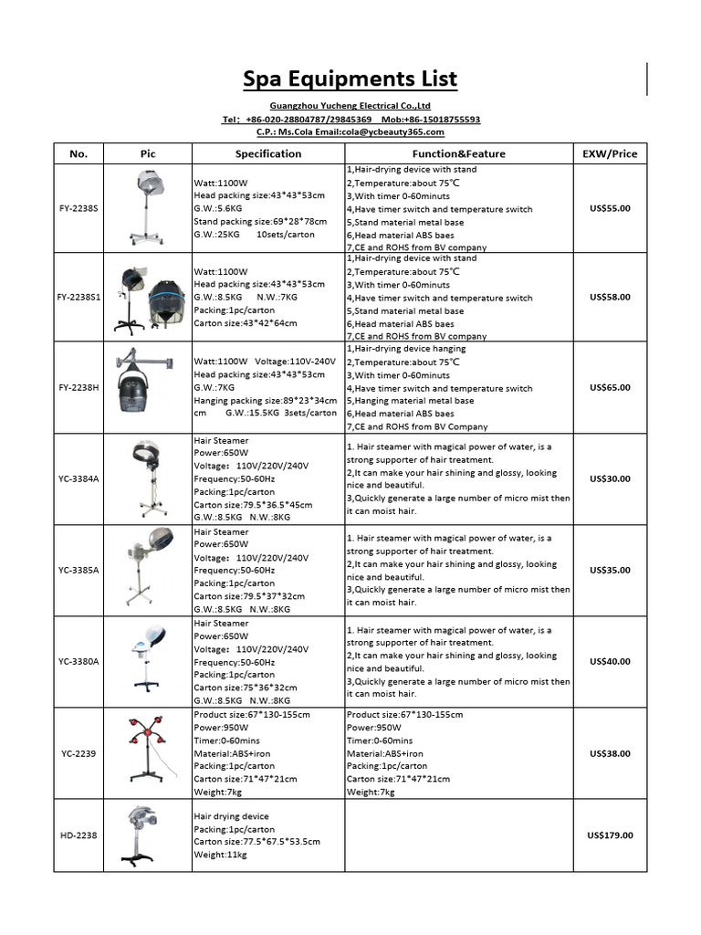 Spa Equipment Price List and Specs | PDF | Mains Electricity | Electricity
