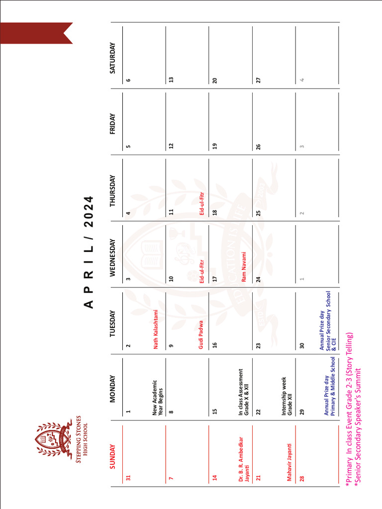 SSHS Annual Calender 2024-25 | PDF