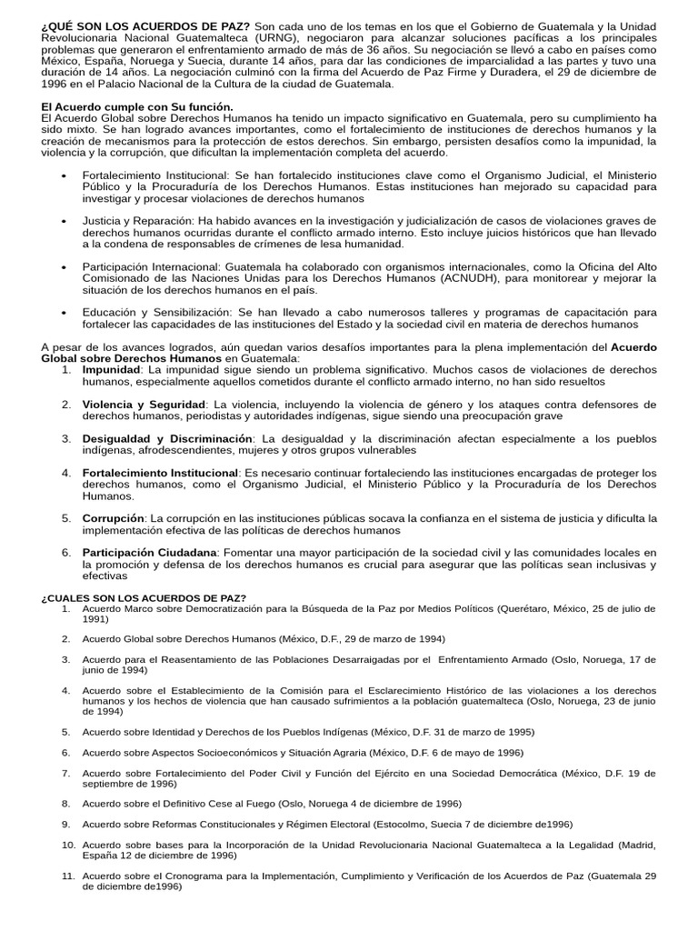 Acuerdos de Paz en Guatemala: Impacto y Desafíos | PDF | Guatemala ...