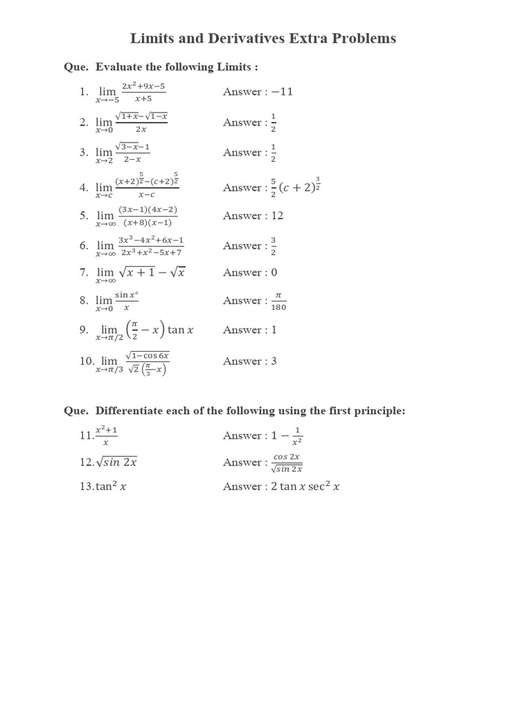 Limits and Derivatives Practice Problems | PDF