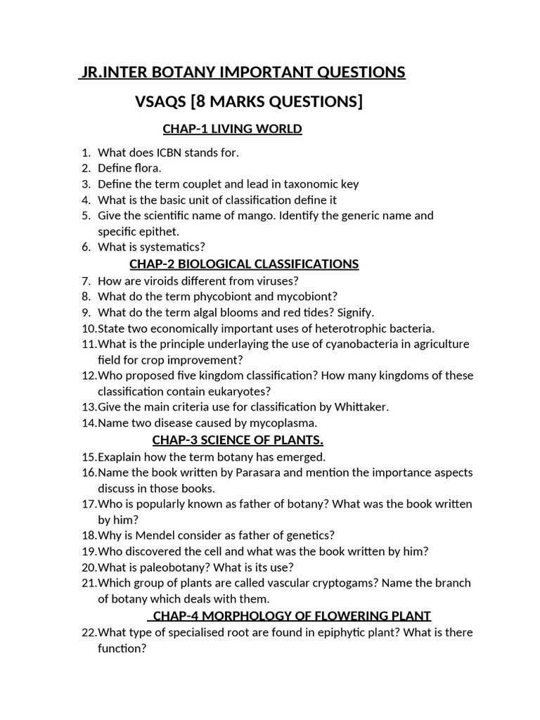 Important Botany Questions for JR. INTER | PDF | Polysaccharide | Biology