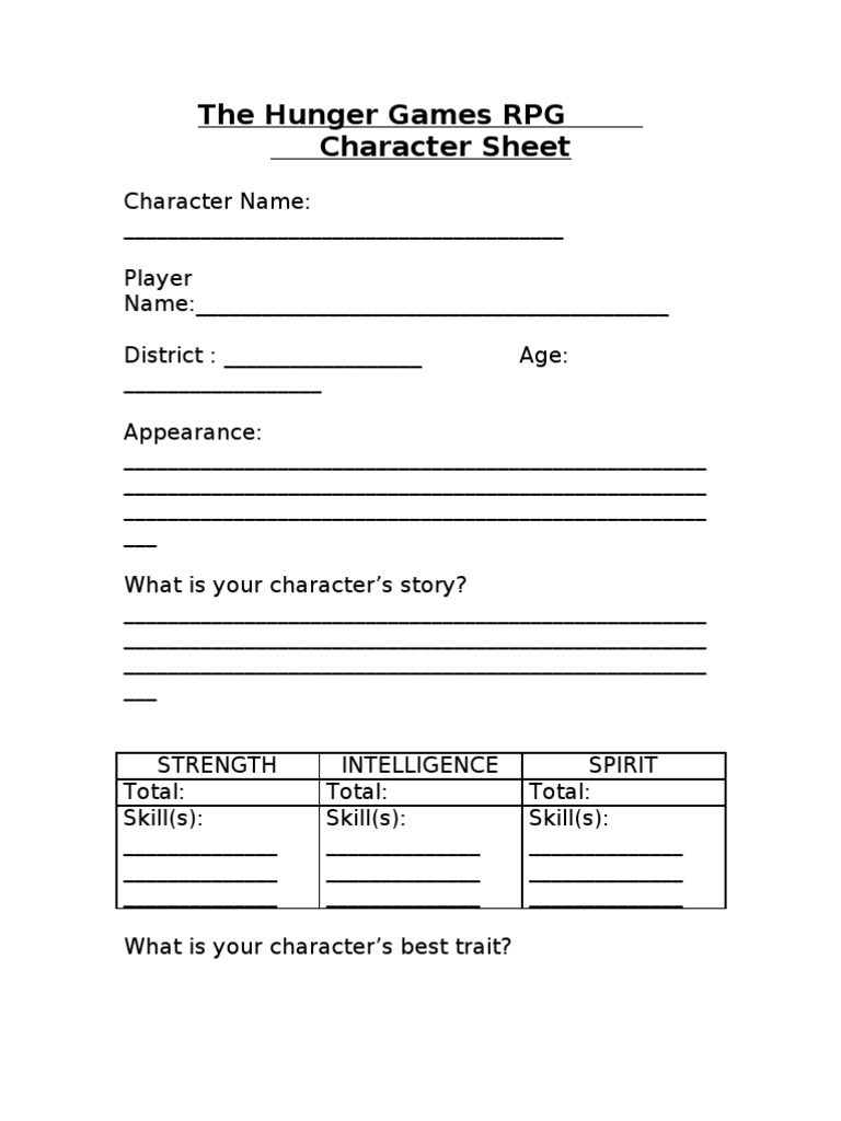Hunger Games RPG Character Sheet | PDF