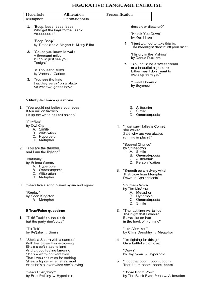 Figurative Lyrics Exercise | PDF