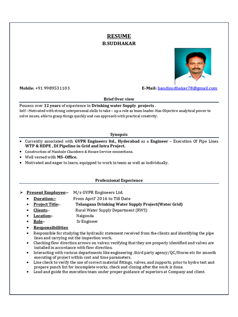 GVPR Engineers Ltd. Resume: B. Sudhakar | PDF