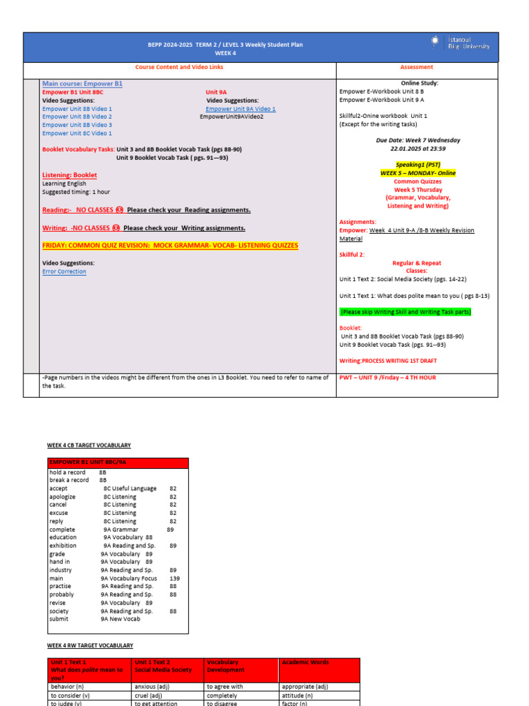 Empower B1 Weekly Plan: Week 4 | PDF | Vocabulary | Language Acquisition