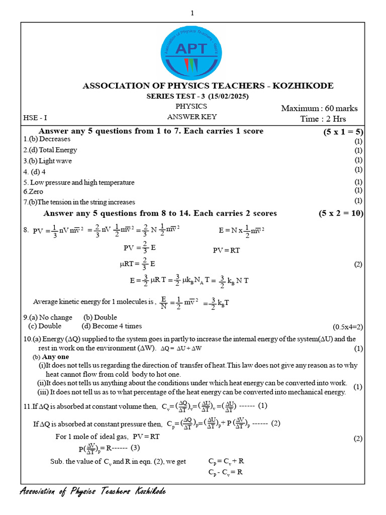 Kozhikode Physics Teachers Test Answers | PDF | Continuum Mechanics ...