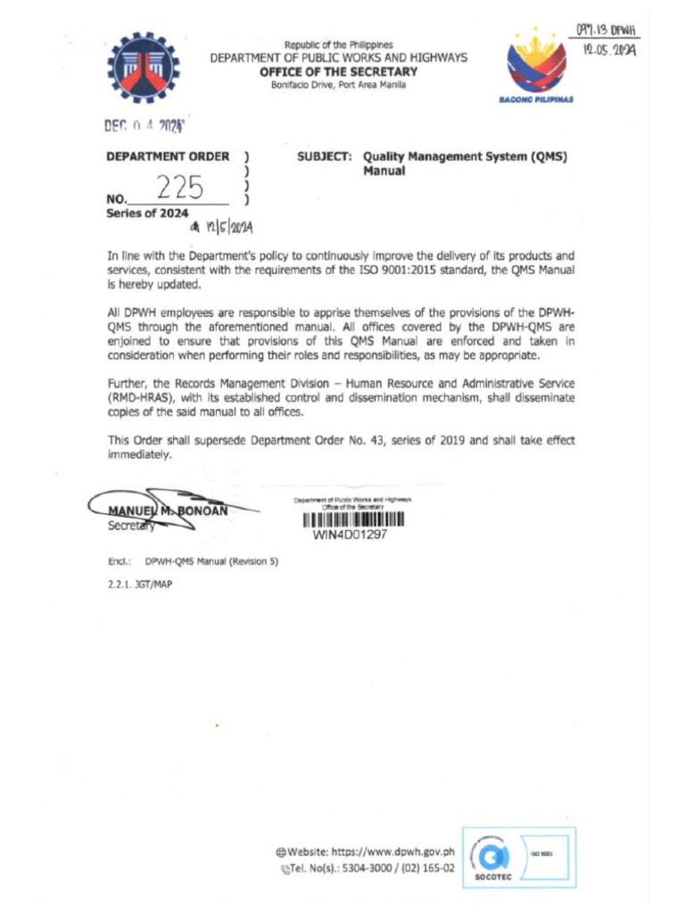 DPWH Quality Policy Overview 2024 | PDF | Quality Management System ...