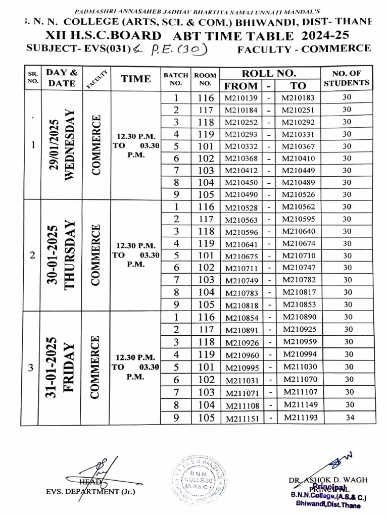 BNN College HSC EVS Time Table 2024-25 | PDF