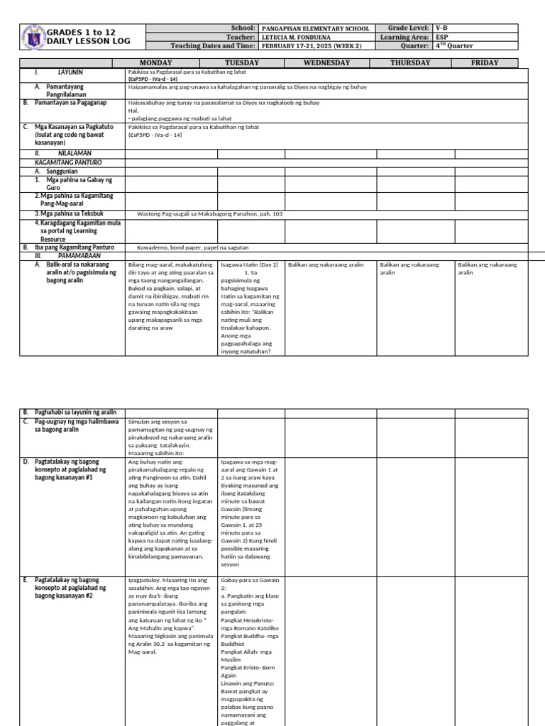 Grade 5 DLL ESP 5 Q4 Week 2 | PDF