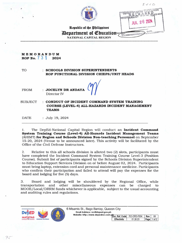 RM No. 731 S. 2024 Conduct of Incident Command System Training Course ...