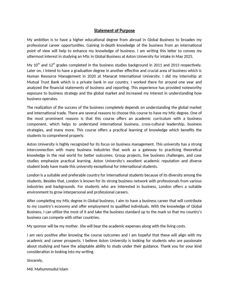 MSc Global Business Statement of Purpose | PDF | Knowledge | Learning