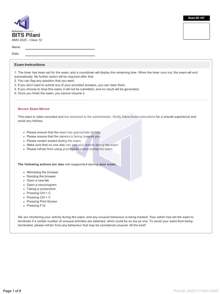 BITS Pilani AMO 2025 Class 12 Exam Guide | PDF | Matrix (Mathematics ...
