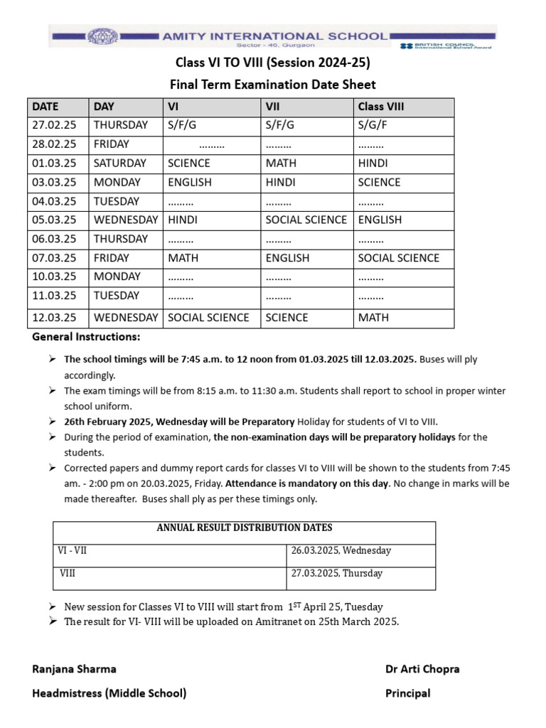 2025 8th Class Exam Date Sheet India | PDF