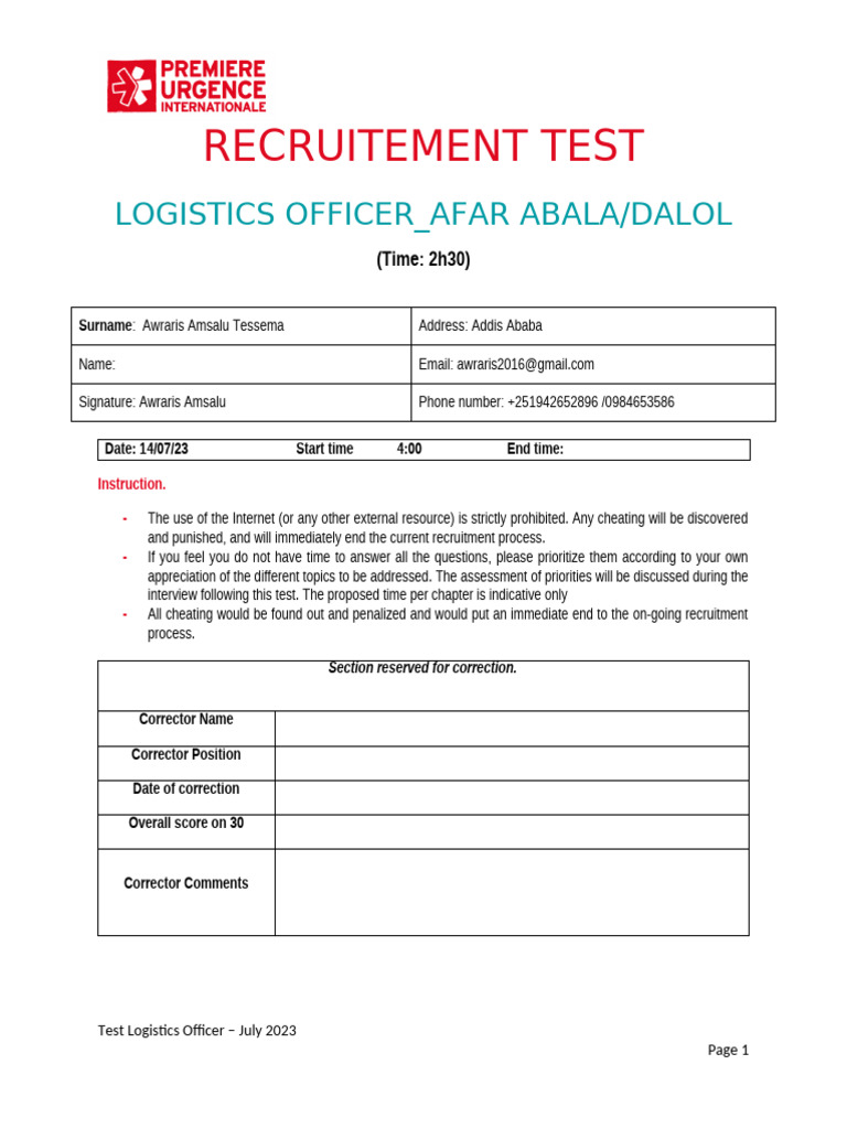 Written Test - Logistics Officer - Afar | PDF | Logistics | Business