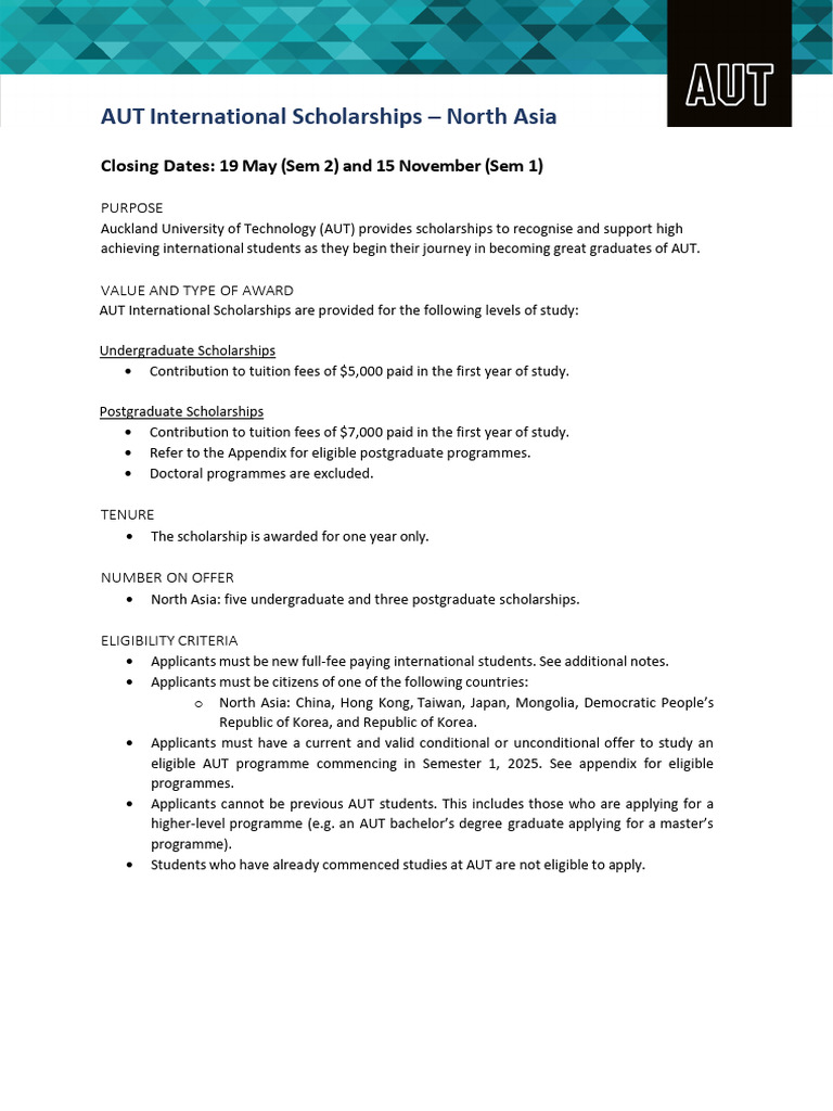 AUT International Scholarships for North Asia | PDF | Bachelor's Degree ...