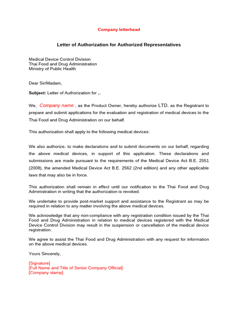 Letter of Authorization for Medical Devices | PDF