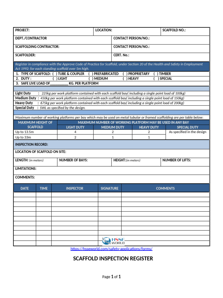 Scaffold Inspection Register Template | PDF
