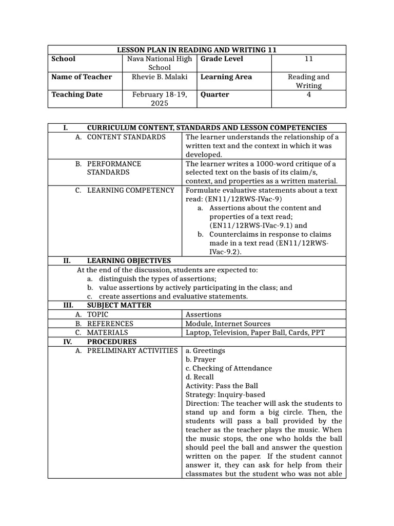 Grade 11 Reading & Writing Lesson Plan | PDF