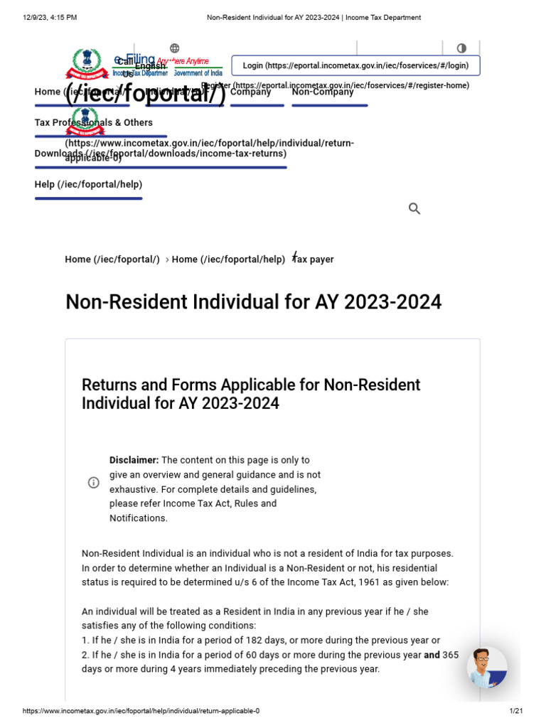 Non-Resident Individual For AY 2023-2024 | PDF | Tax Deduction | Taxes