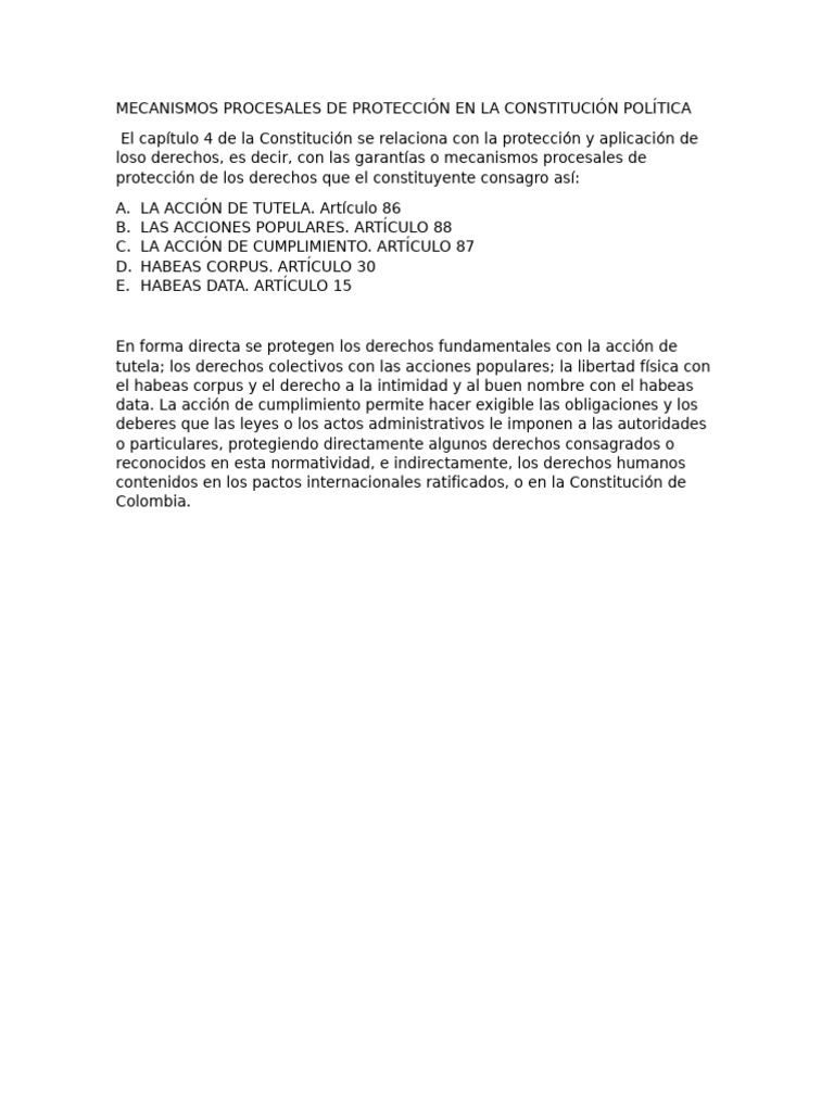 Mecanismos de Protección de Derechos en Colombia | PDF | Constitución ...