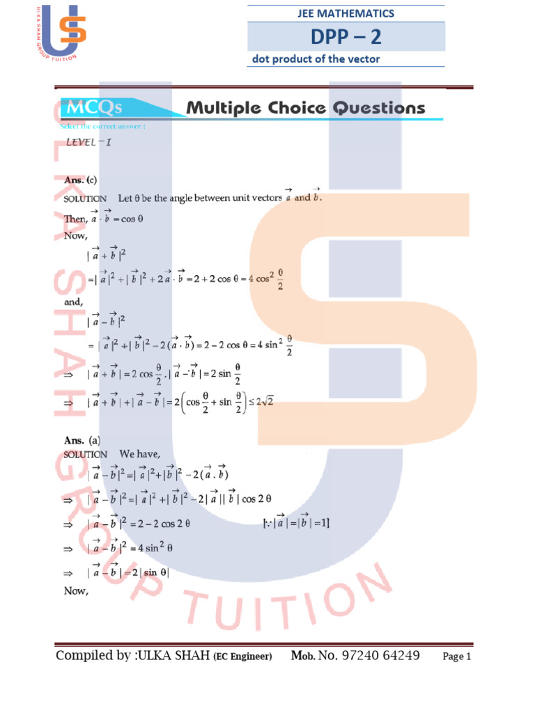 JEE Math DPP 2: Vector Dot Product | PDF | Analytic Geometry ...