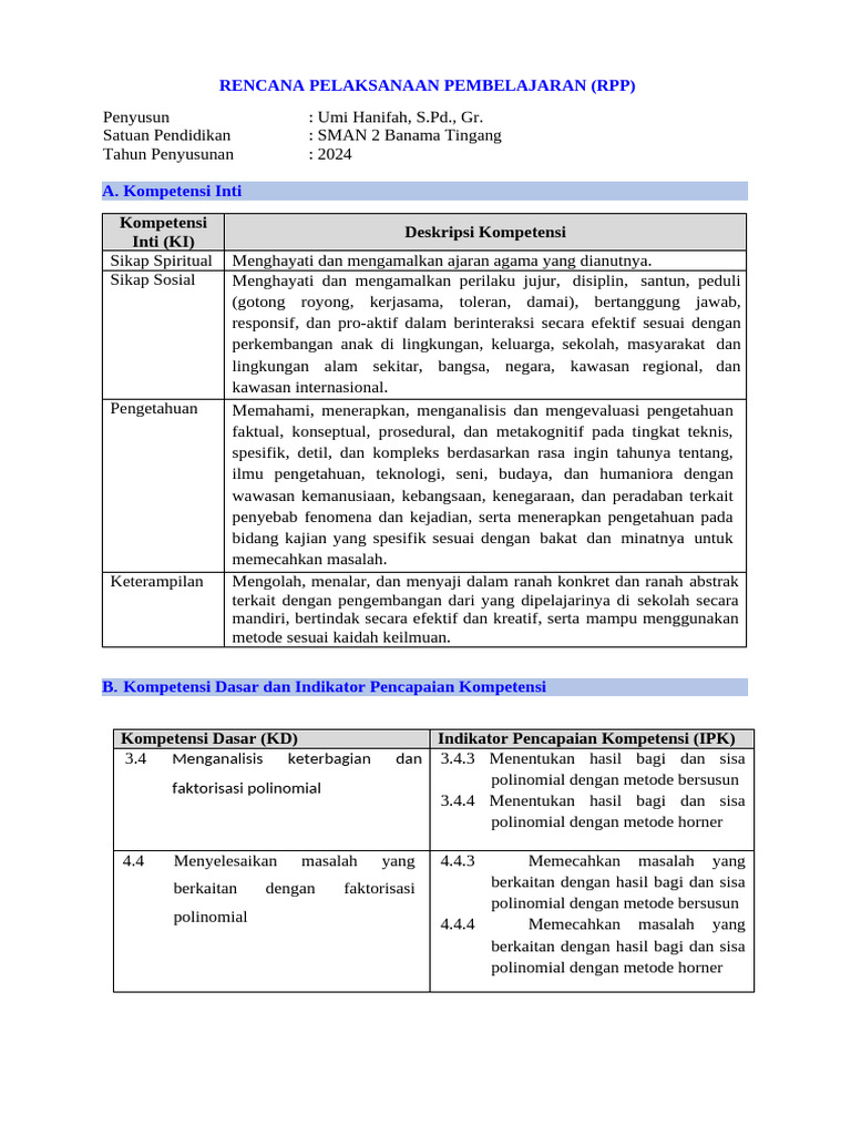 RPP Pembelajaran Polinomial Metode PBL | PDF
