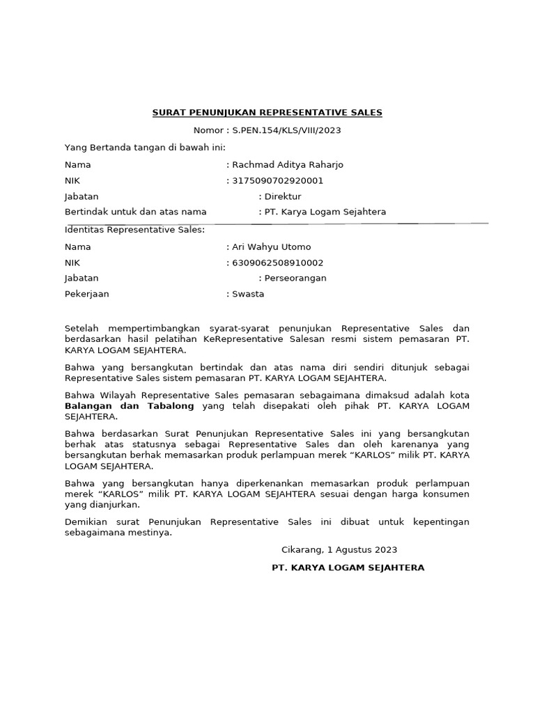 Surat Penunjukan Sales PT Karya Logam | PDF