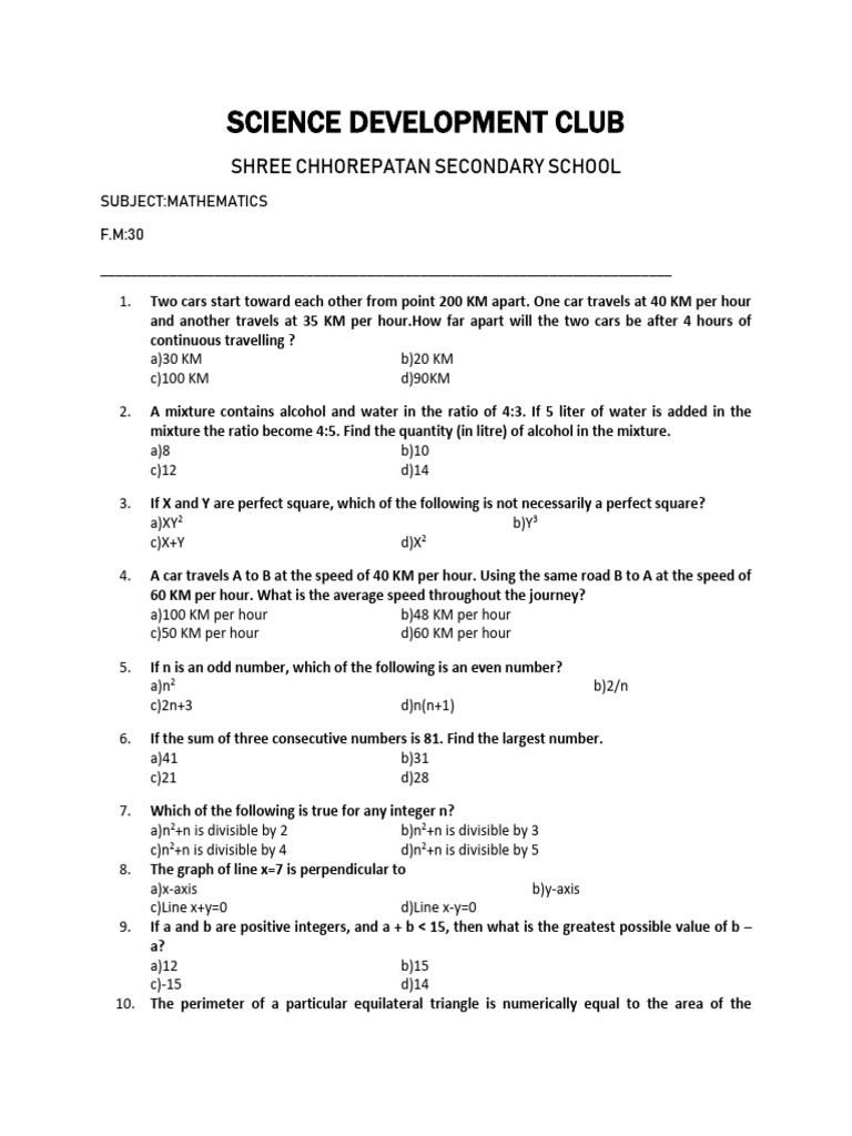 Raffles Math Olympiad Practice Questions | PDF | Ratio | Elementary ...