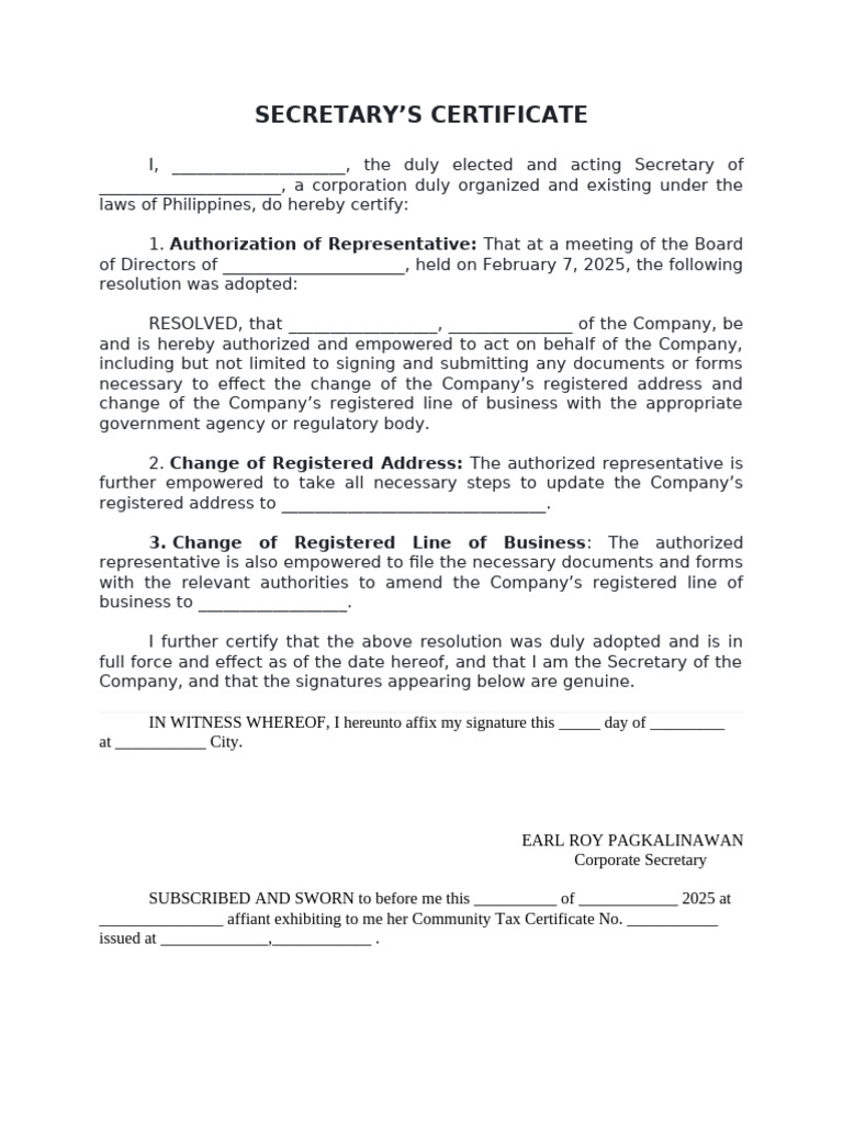 Secretary Certificate for Authorized Rep. | PDF