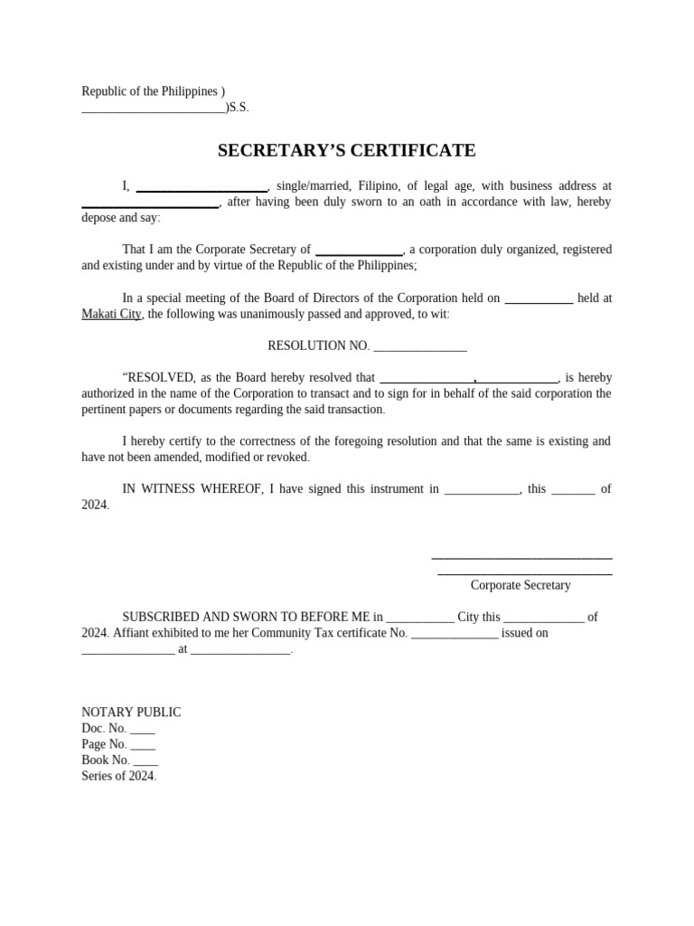 Corporate Secretary's Certificate Template | PDF