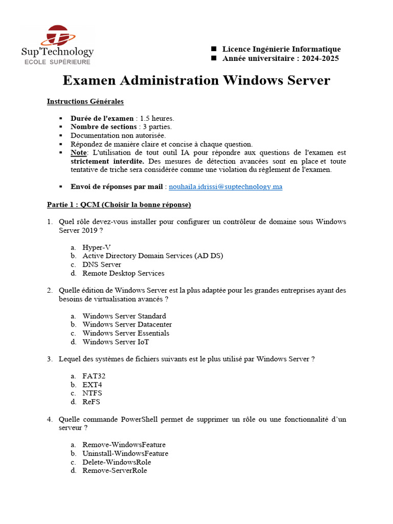 Examen Windows Server 2019 - Ingénierie Informatique | PDF | Système de ...