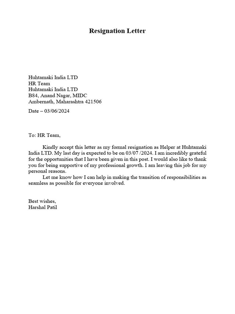Formal Resignation Letter Template | PDF
