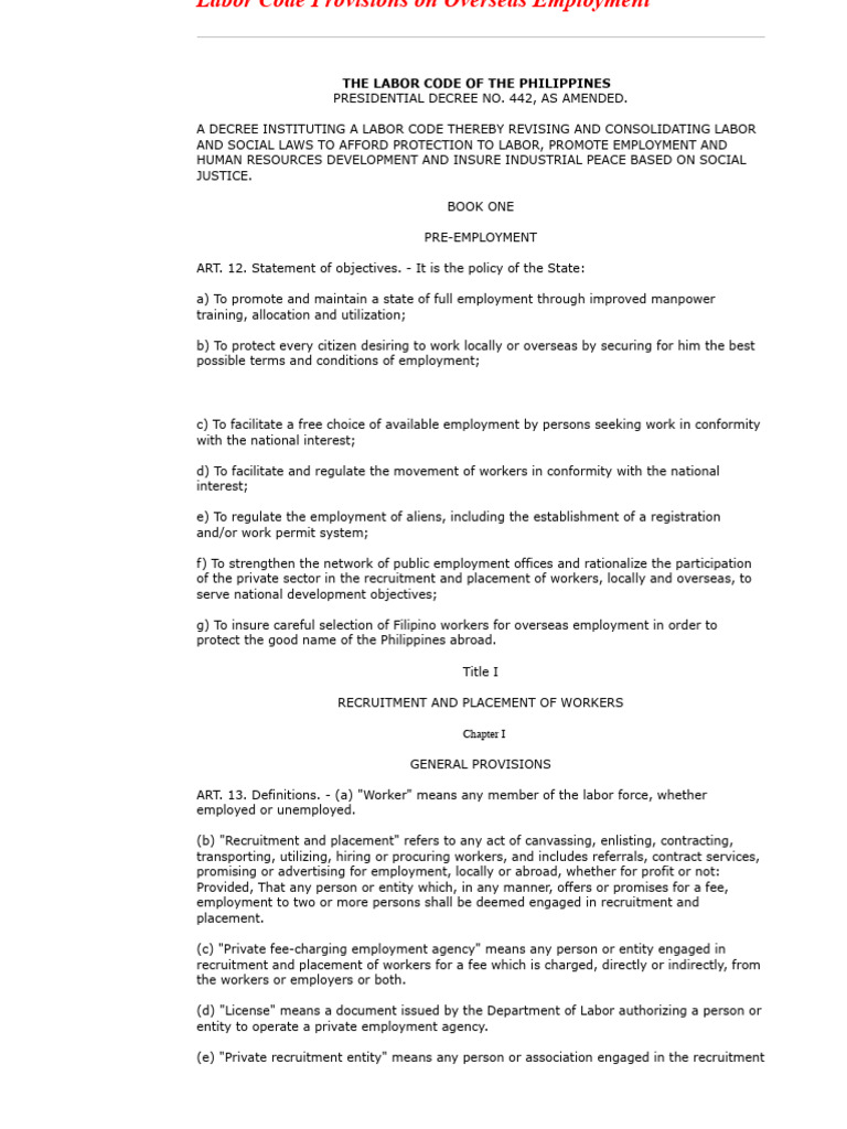Philippine Labor Code on Overseas Employment | PDF | Employment ...