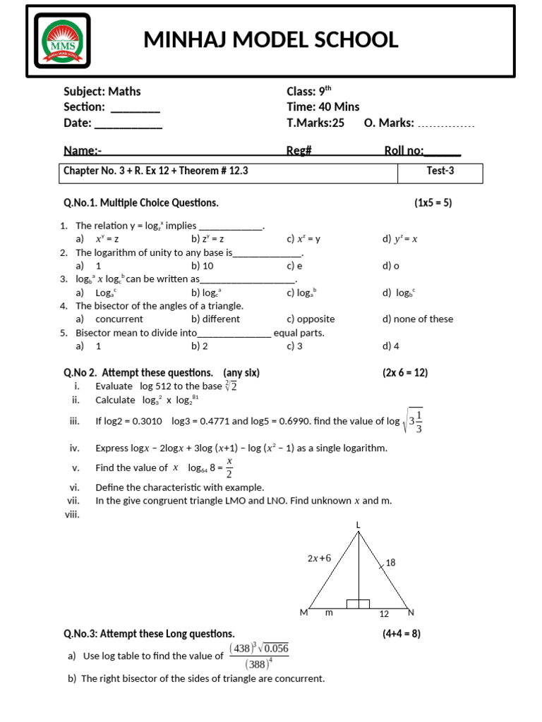 9th Maths Phase Test - 3 | PDF | Logarithm | Triangle