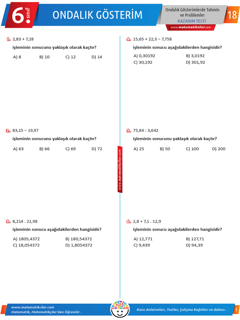 6.18 - Ondalık Gösterimlerde Tahmin Ve Problemler Testi | PDF