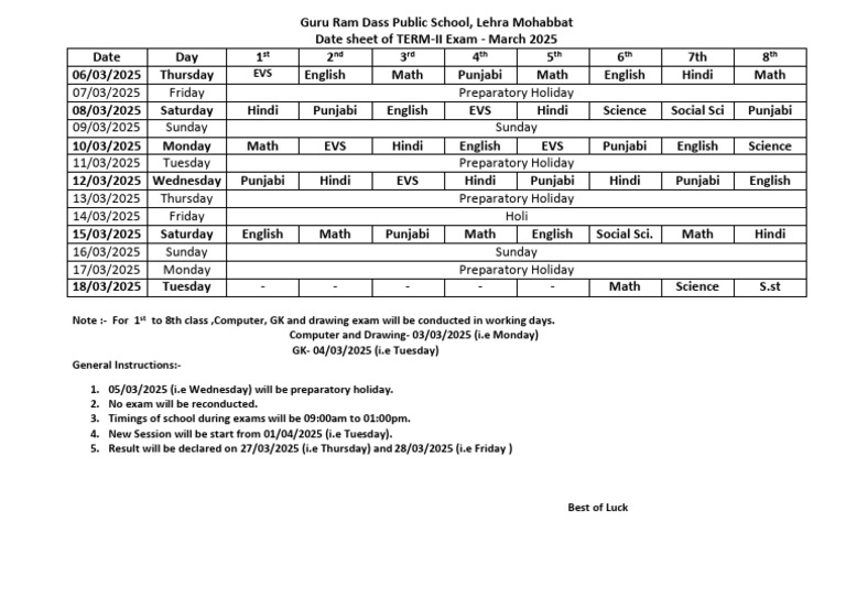 TERM-II Exam Schedule & Holidays | PDF