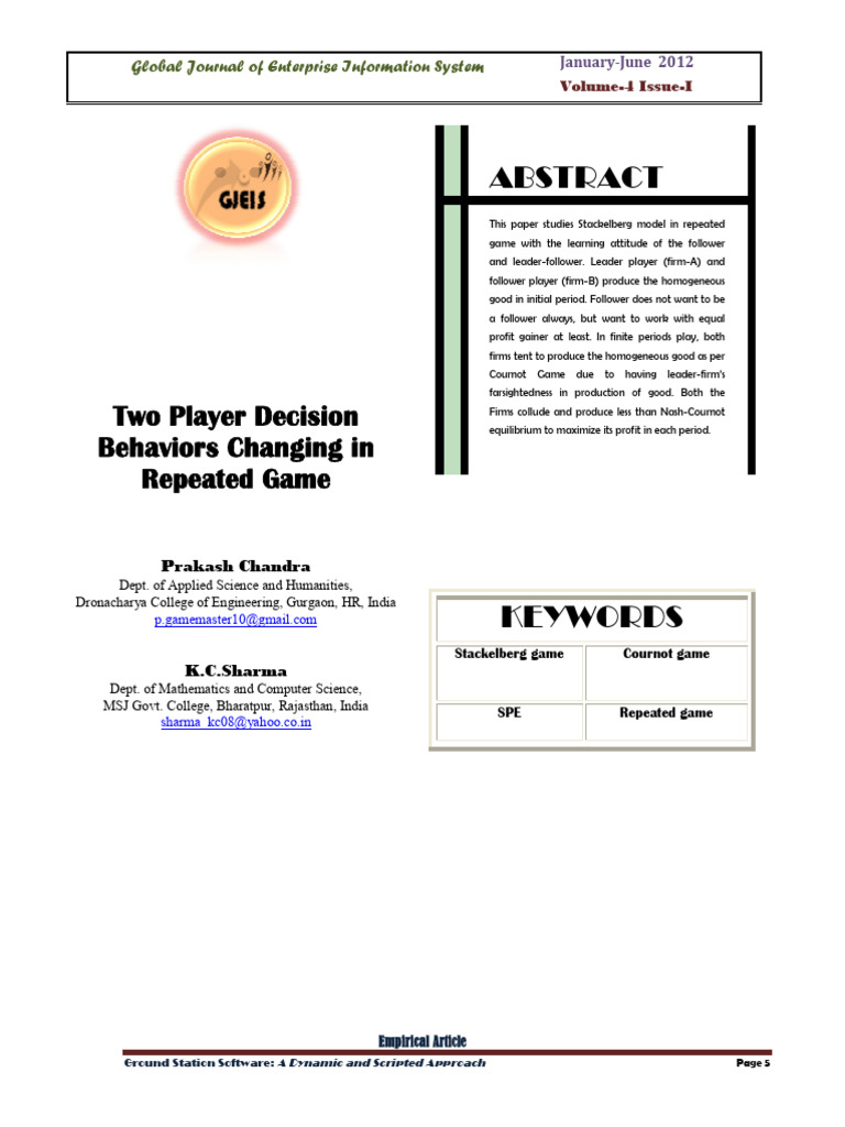 Two-Player Decision Behaviors in Games | PDF | Economic Equilibrium ...